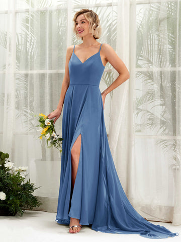 Carlyna Robe trapèze col V longueur ras du sol mousseline demoiselle d'honneur Bleu Poussiéreux #couleur_bleu-poussi-reux