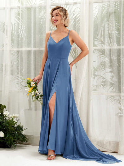 Carlyna Robe trapèze col V longueur ras du sol mousseline demoiselle d'honneur Bleu Poussiéreux #couleur_bleu-poussi-reux