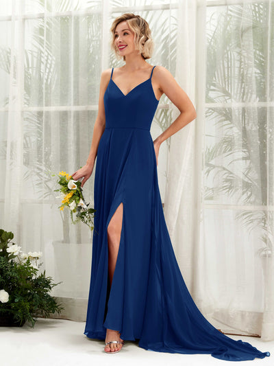 Carlyna Robe trapèze col V longueur ras du sol mousseline demoiselle d'honneur Bleu Roi #couleur_bleu-roi