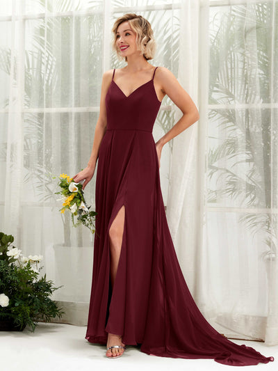 Carlyna Robe trapèze col V longueur ras du sol mousseline demoiselle d'honneur Bordeaux #couleur_bordeaux