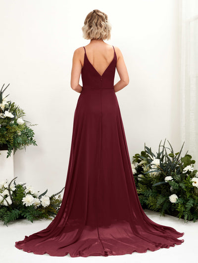 Carlyna Robe trapèze col V longueur ras du sol mousseline demoiselle d'honneur Bordeaux #couleur_bordeaux