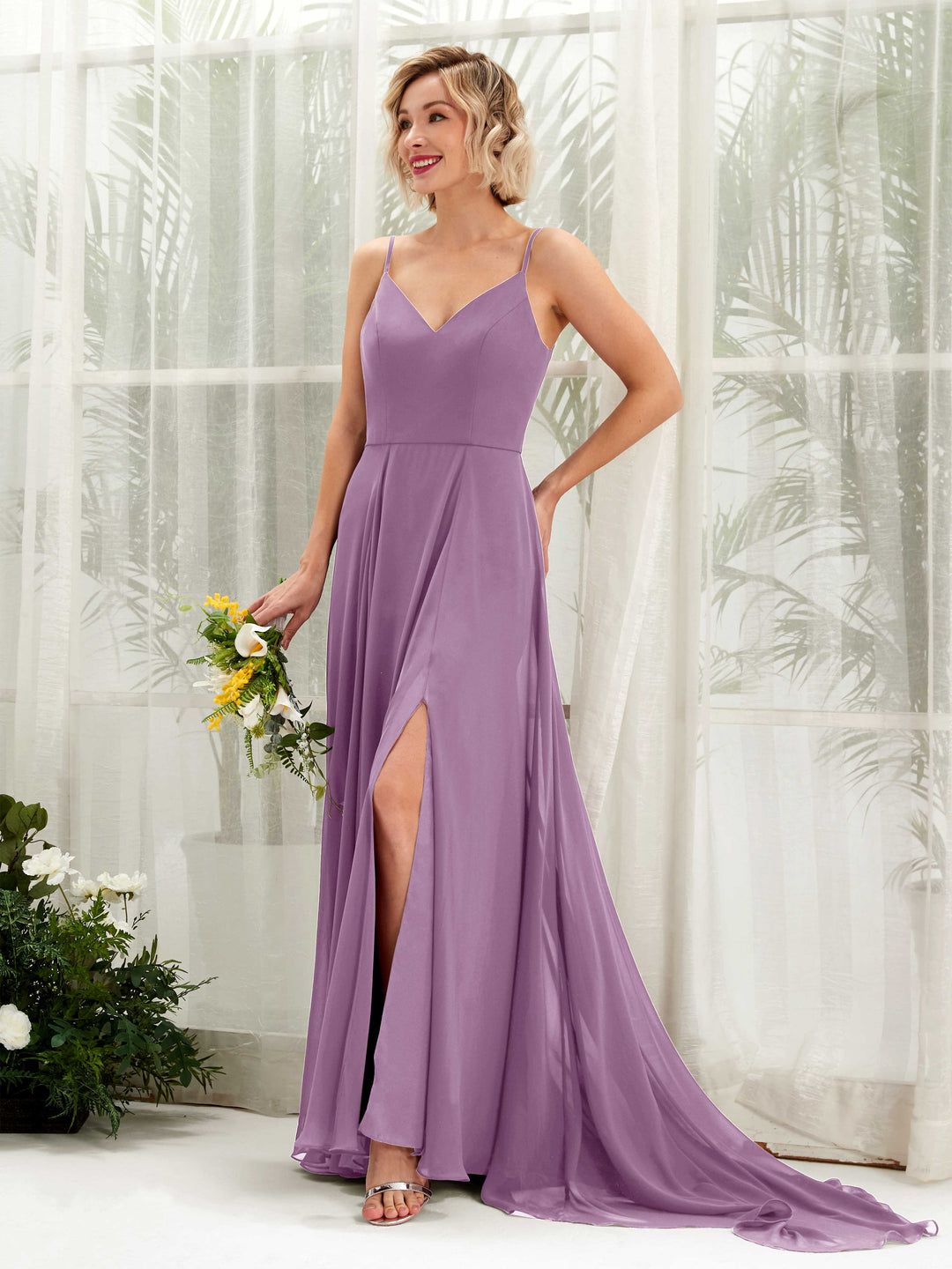 Carlyna Robe trapèze col V longueur ras du sol mousseline demoiselle d&