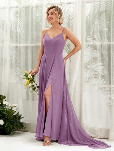 Carlyna Robe trapèze col V longueur ras du sol mousseline demoiselle d'honneur Brume Orchidée #couleur_brume-orchid-e