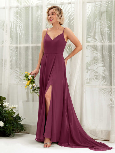 Carlyna Robe trapèze col V longueur ras du sol mousseline demoiselle d'honneur Chianti #couleur_chianti