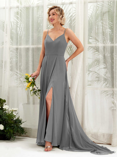 Carlyna Robe trapèze col V longueur ras du sol mousseline demoiselle d'honneur Gris Acier #couleur_gris-acier