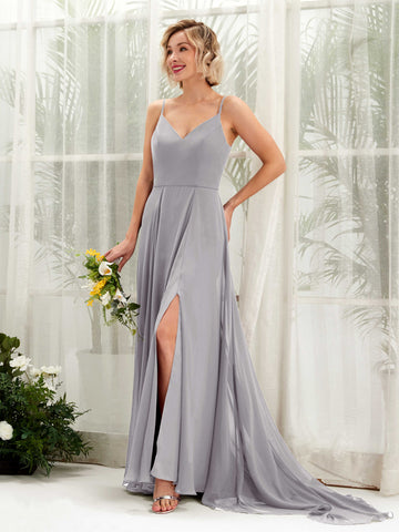 Carlyna Robe trapèze col V longueur ras du sol mousseline demoiselle d'honneur Gris Boussole #couleur_gris-boussole