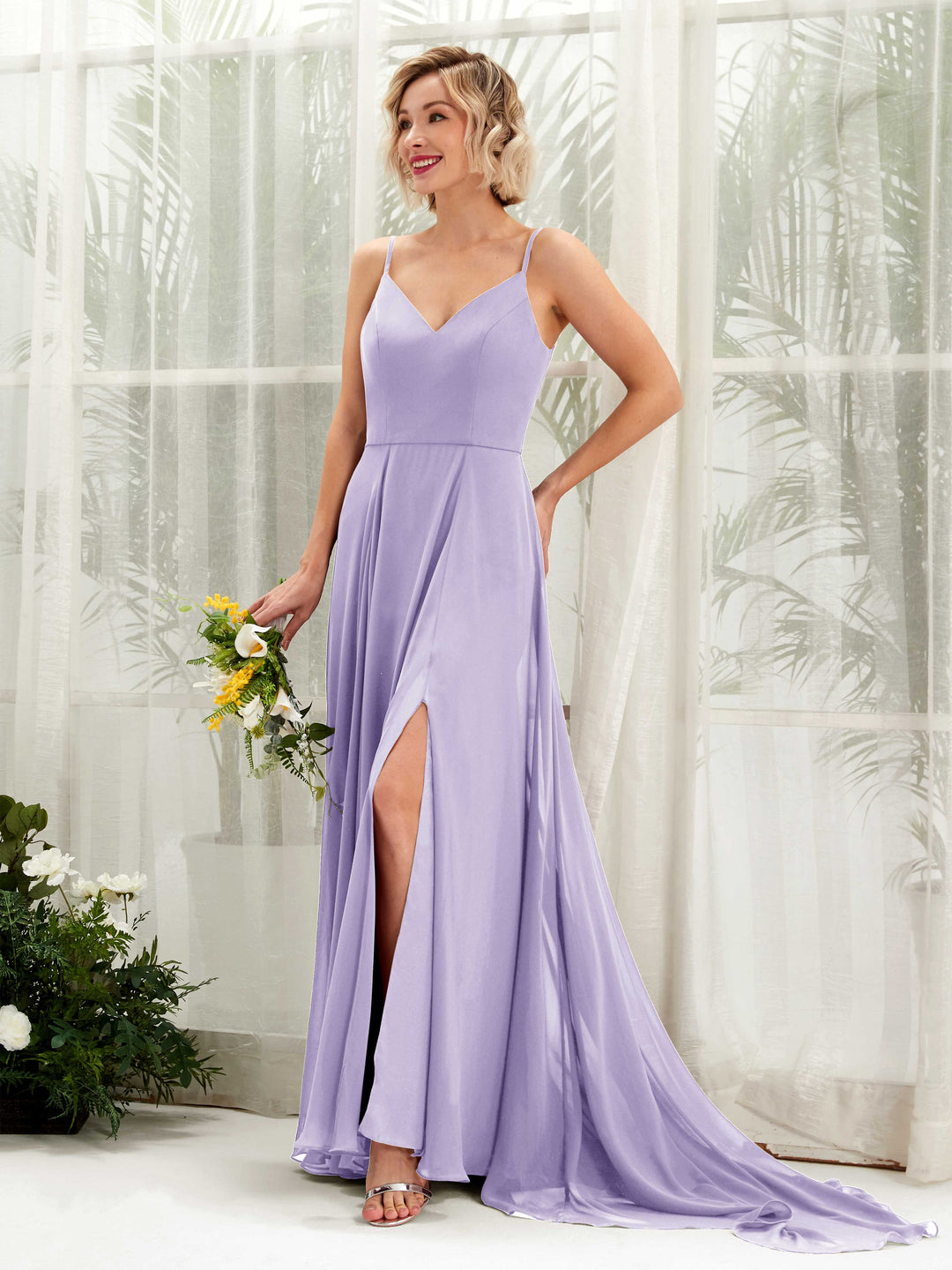 Carlyna Robe trapèze col V longueur ras du sol mousseline demoiselle d&