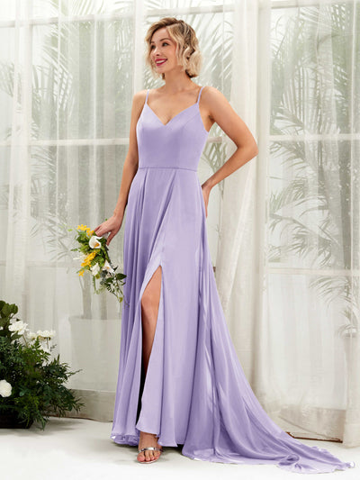 Carlyna Robe trapèze col V longueur ras du sol mousseline demoiselle d'honneur Lilas #couleur_lilas