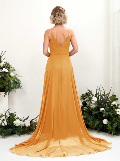 Carlyna Robe trapèze col V longueur ras du sol mousseline demoiselle d'honneur Mangue #couleur_mangue