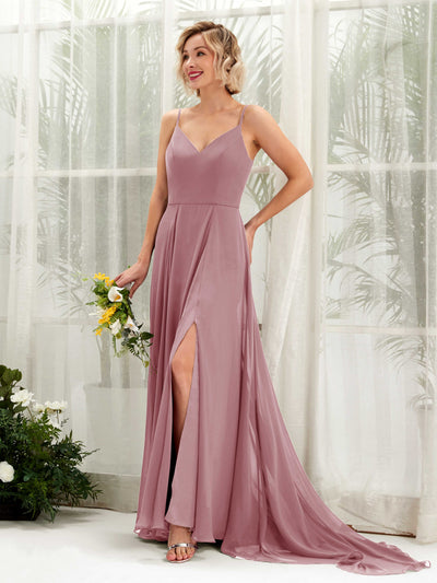 Carlyna Robe trapèze col V longueur ras du sol mousseline demoiselle d'honneur Mauve Vintage #couleur_mauve-vintage