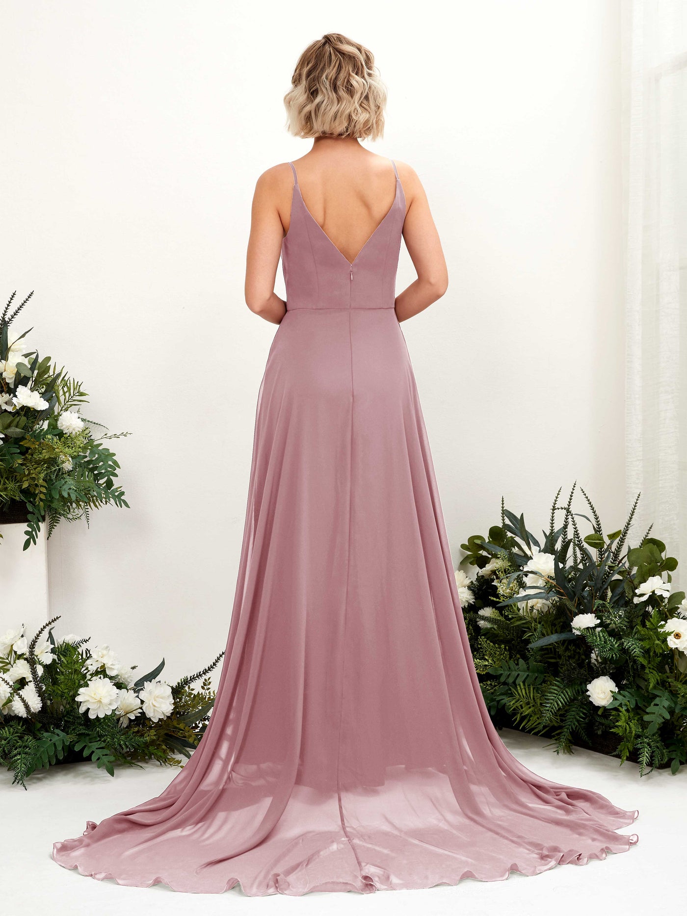 Carlyna Robe trapèze col V longueur ras du sol mousseline demoiselle d'honneur Mauve Vintage #couleur_mauve-vintage