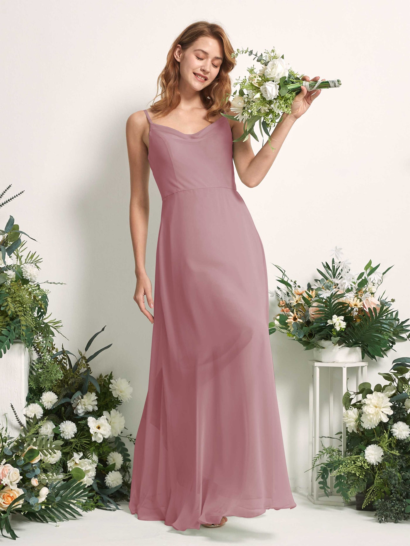 Carlyna Robe trapèze col V longueur ras du sol mousseline demoiselle d'honneur Mauve Vintage #couleur_mauve-vintage
