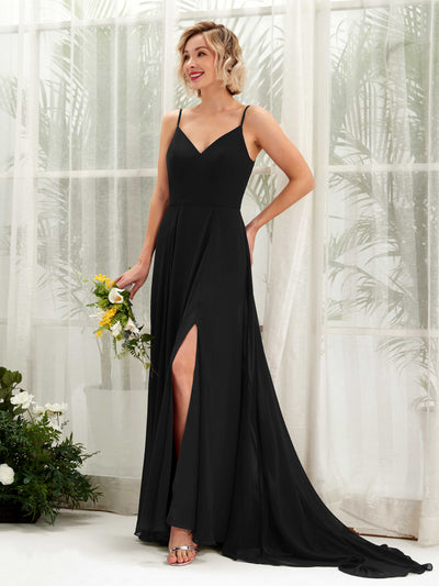 Carlyna Robe trapèze col V longueur ras du sol mousseline demoiselle d'honneur Noir #couleur_noir