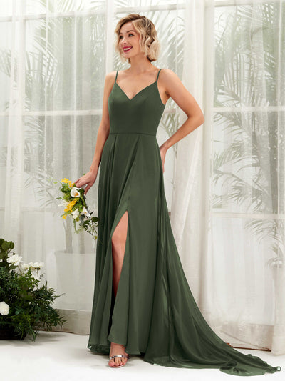 Carlyna Robe trapèze col V longueur ras du sol mousseline demoiselle d'honneur Olive Martini #couleur_olive-martini