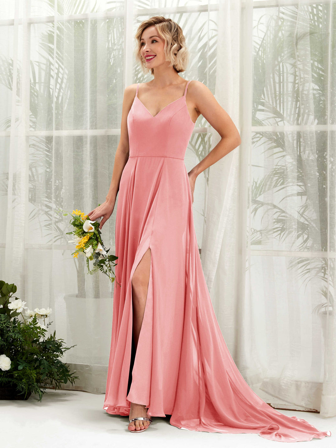 Carlyna Robe trapèze col V longueur ras du sol mousseline demoiselle d&