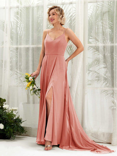 Carlyna Robe trapèze col V longueur ras du sol mousseline demoiselle d'honneur Rose Champagne #couleur_rose-champagne