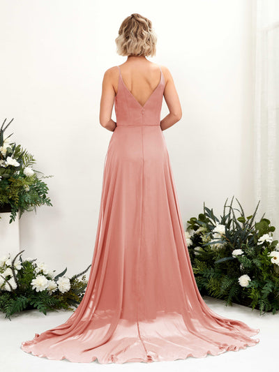 Carlyna Robe trapèze col V longueur ras du sol mousseline demoiselle d'honneur Rose Champagne #couleur_rose-champagne