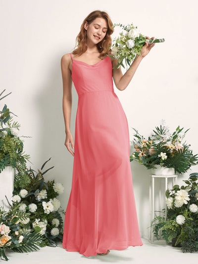 Carlyna Robe trapèze col V longueur ras du sol mousseline demoiselle d'honneur Rose Corail #couleur_rose-corail
