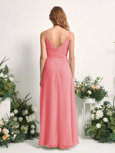 Carlyna Robe trapèze col V longueur ras du sol mousseline demoiselle d'honneur Rose Corail #couleur_rose-corail