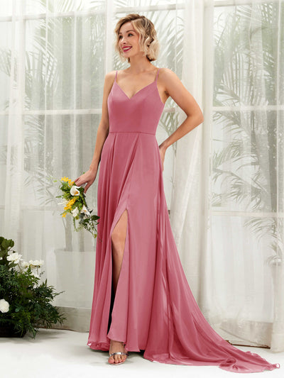 Carlyna Robe trapèze col V longueur ras du sol mousseline demoiselle d'honneur Rose Du Désert #couleur_rose-du-d-sert