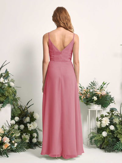 Carlyna Robe trapèze col V longueur ras du sol mousseline demoiselle d'honneur Rose Du Désert #couleur_rose-du-d-sert