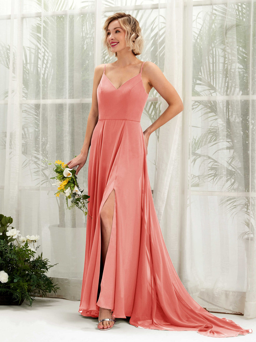 Carlyna Robe trapèze col V longueur ras du sol mousseline demoiselle d&