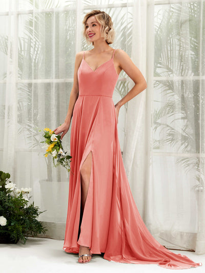 Carlyna Robe trapèze col V longueur ras du sol mousseline demoiselle d'honneur Rose Pêche #couleur_rose-p-che