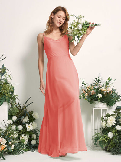 Carlyna Robe trapèze col V longueur ras du sol mousseline demoiselle d'honneur Rose Pêche #couleur_rose-p-che