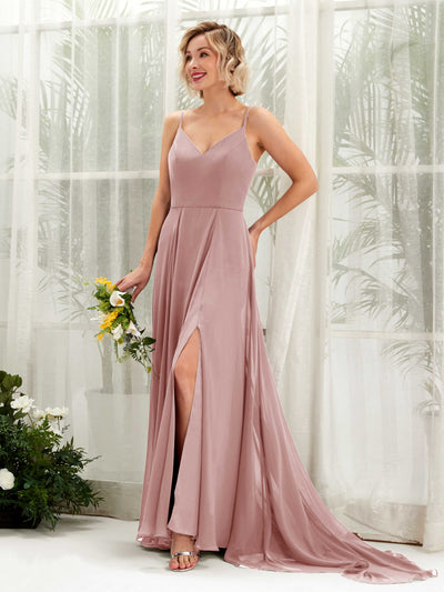Carlyna Robe trapèze col V longueur ras du sol mousseline demoiselle d'honneur Rose Poussiéreux #couleur_rose-poussi-reux