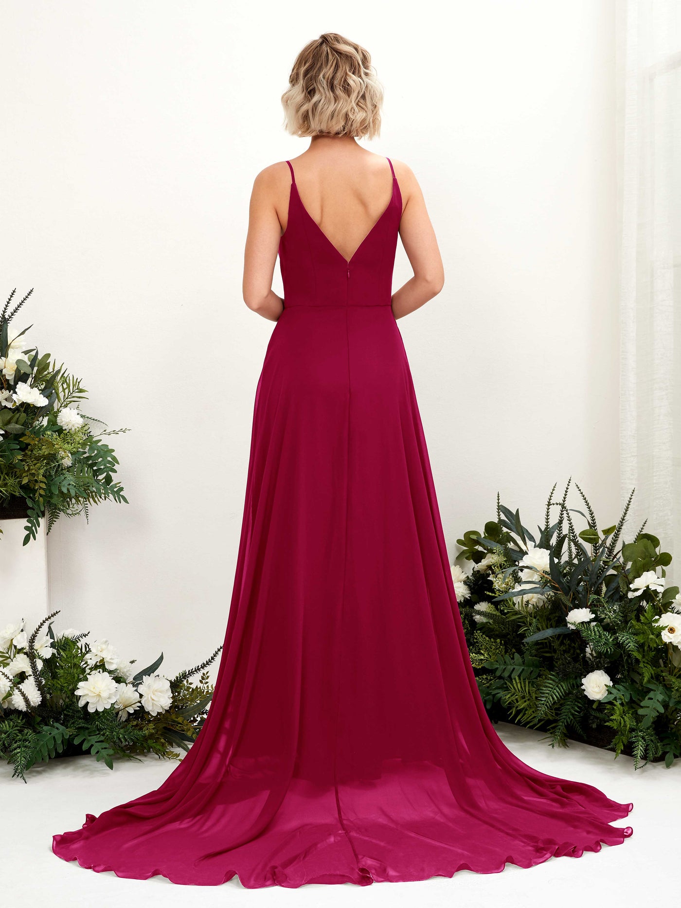 Carlyna Robe trapèze col V longueur ras du sol mousseline demoiselle d'honneur Rouge Bouffon #couleur_rouge-bouffon