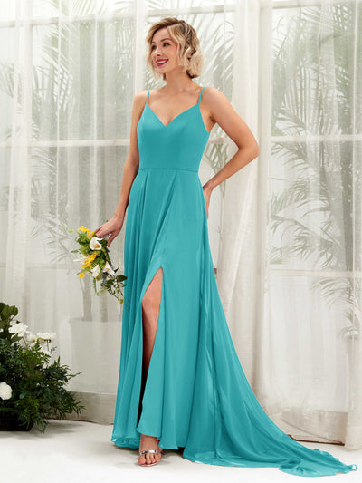Carlyna Robe trapèze col V longueur ras du sol mousseline demoiselle d'honneur Turquoise #couleur_turquoise