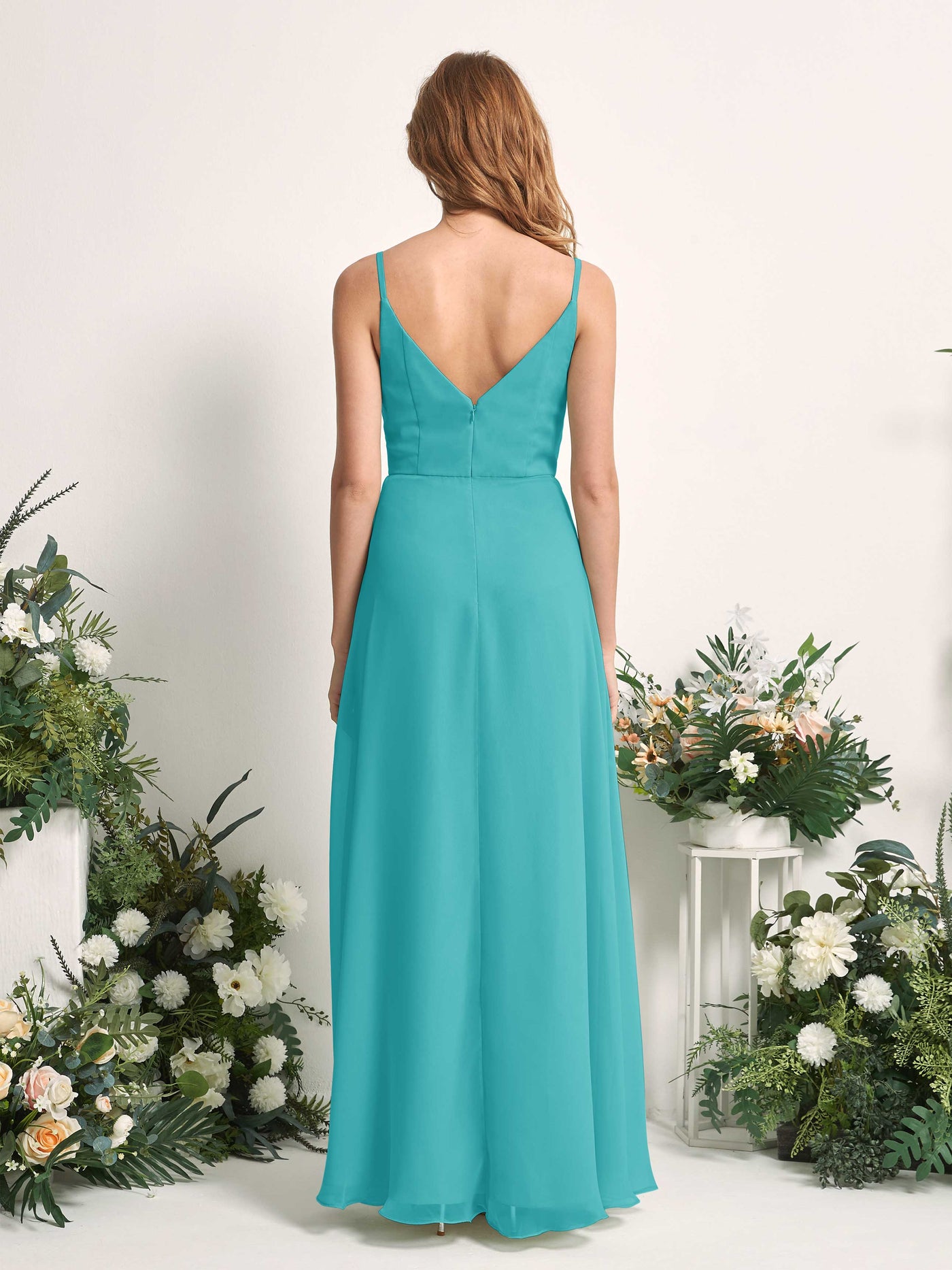 Carlyna Robe trapèze col V longueur ras du sol mousseline demoiselle d'honneur Turquoise #couleur_turquoise