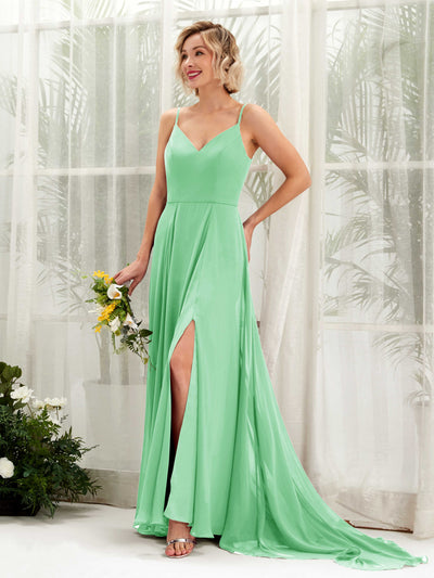 Carlyna Robe trapèze col V longueur ras du sol mousseline demoiselle d'honneur Vert Menthe #couleur_vert-menthe