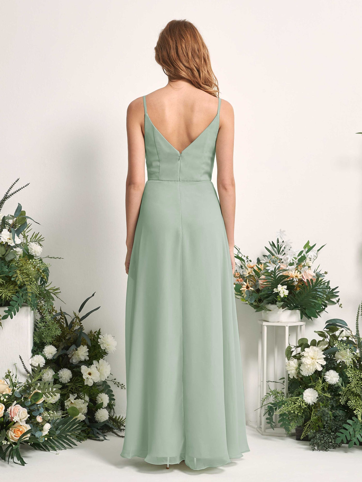 Carlyna Robe trapèze col V longueur ras du sol mousseline demoiselle d'honneur Vert Sauge Foncé #couleur_vert-sauge-fonc