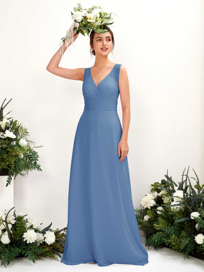 Carlyna Robe trapèze col V longueur ras du sol robe de demoiselle d'honneur Bleu Poussiéreux #couleur_bleu-poussi-reux