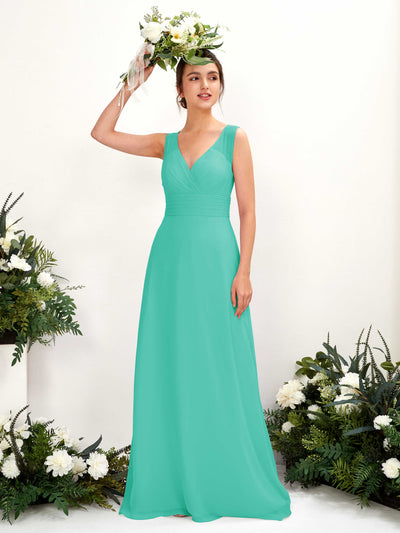 Carlyna Robe trapèze col V longueur ras du sol robe de demoiselle d'honneur Bleu Tiffany #couleur_bleu-tiffany