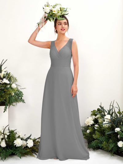 Carlyna Robe trapèze col V longueur ras du sol robe de demoiselle d'honneur Gris Acier #couleur_gris-acier