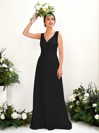 Carlyna Robe trapèze col V longueur ras du sol robe de demoiselle d'honneur Noir #couleur_noir