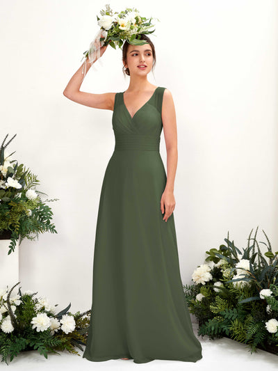 Carlyna Robe trapèze col V longueur ras du sol robe de demoiselle d'honneur Olive Martini #couleur_olive-martini