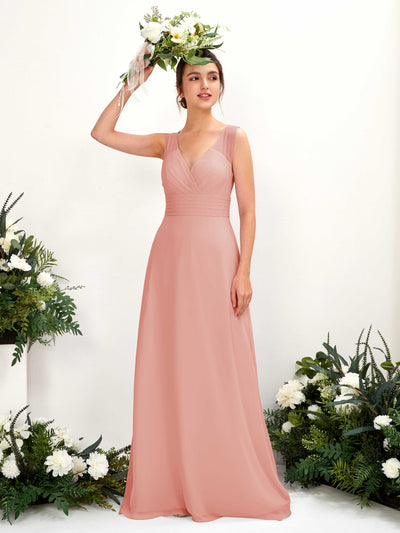 Carlyna Robe trapèze col V longueur ras du sol robe de demoiselle d'honneur Rose Champagne #couleur_rose-champagne