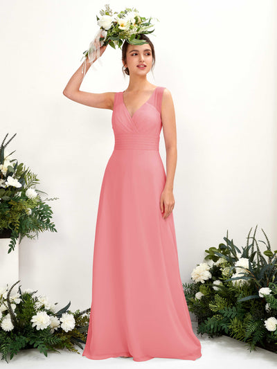Carlyna Robe trapèze col V longueur ras du sol robe de demoiselle d'honneur Rose Corail #couleur_rose-corail