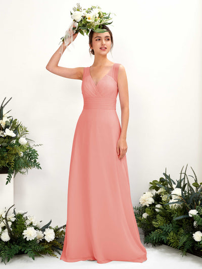 Carlyna Robe trapèze col V longueur ras du sol robe de demoiselle d'honneur Rose Pêche #couleur_rose-p-che