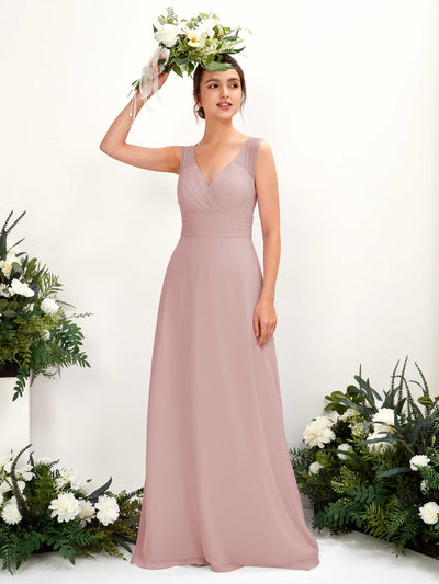 Carlyna Robe trapèze col V longueur ras du sol robe de demoiselle d'honneur Rose Poussiéreux #couleur_rose-poussi-reux