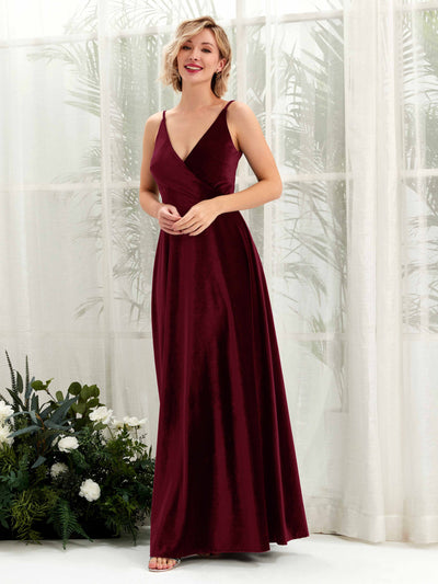 Carlyna Robe trapèze Col V Longueur ras du sol Velours Robes de demoiselle d'honneur Bordeaux #couleur_bordeaux