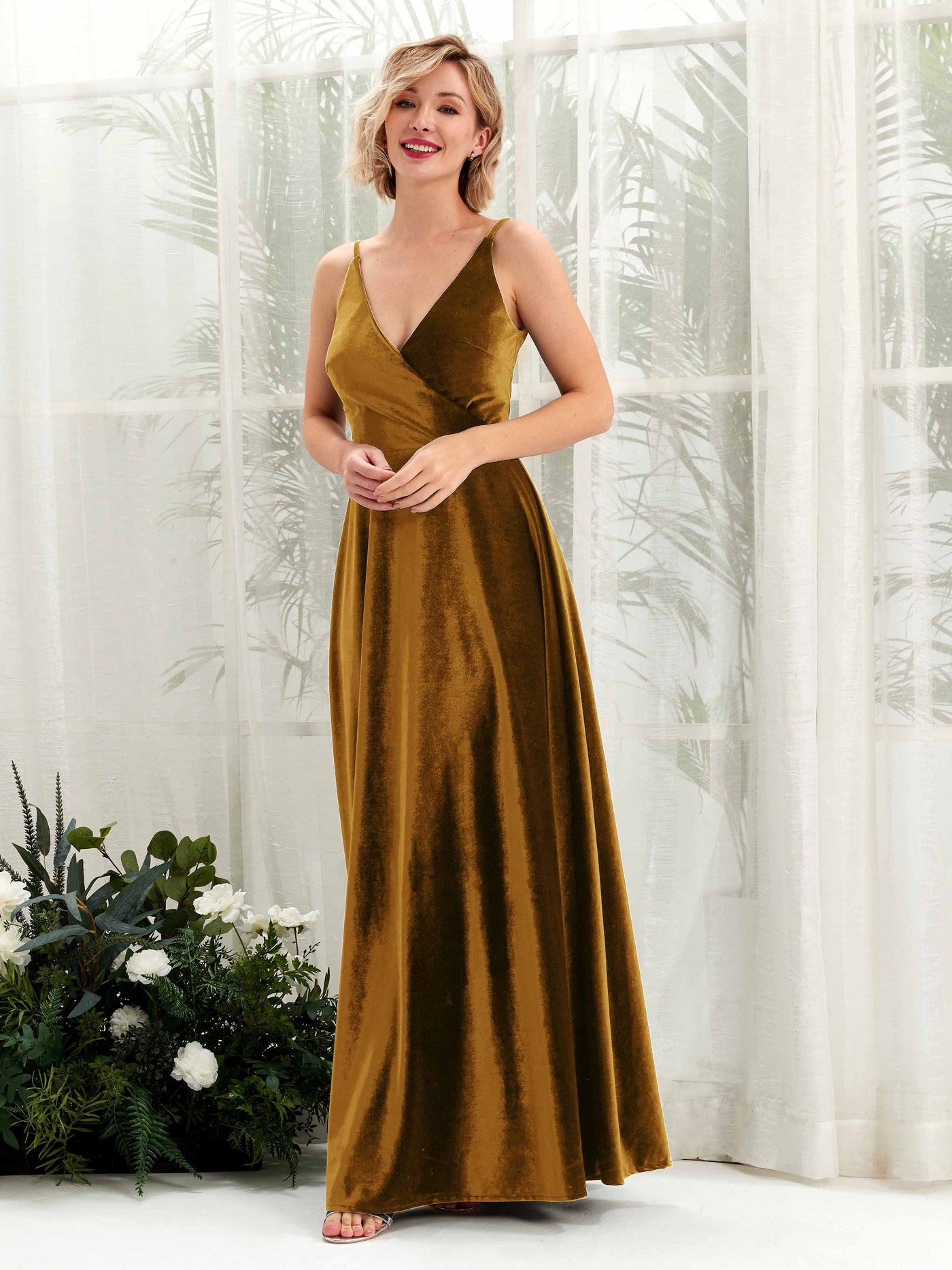 Carlyna Robe trapèze Col V Longueur ras du sol Velours Robes de demoiselle d'honneur Or Bruni #couleur_or-bruni