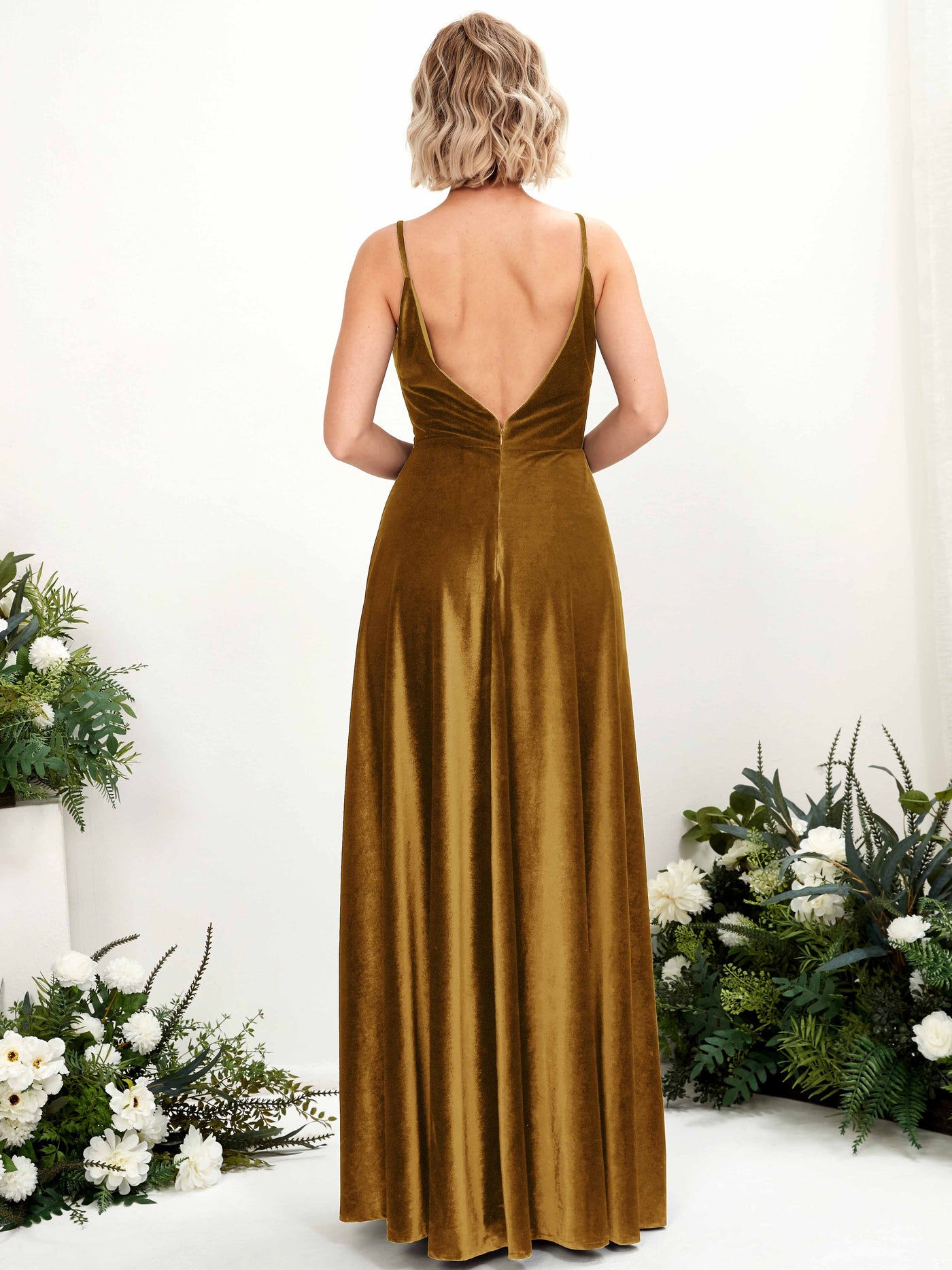 Carlyna Robe trapèze Col V Longueur ras du sol Velours Robes de demoiselle d'honneur Or Bruni #couleur_or-bruni