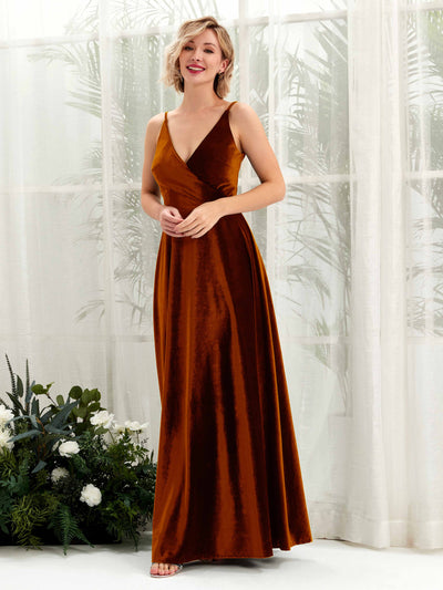 Carlyna Robe trapèze Col V Longueur ras du sol Velours Robes de demoiselle d'honneur Orange Brûlé #couleur_orange-br-l