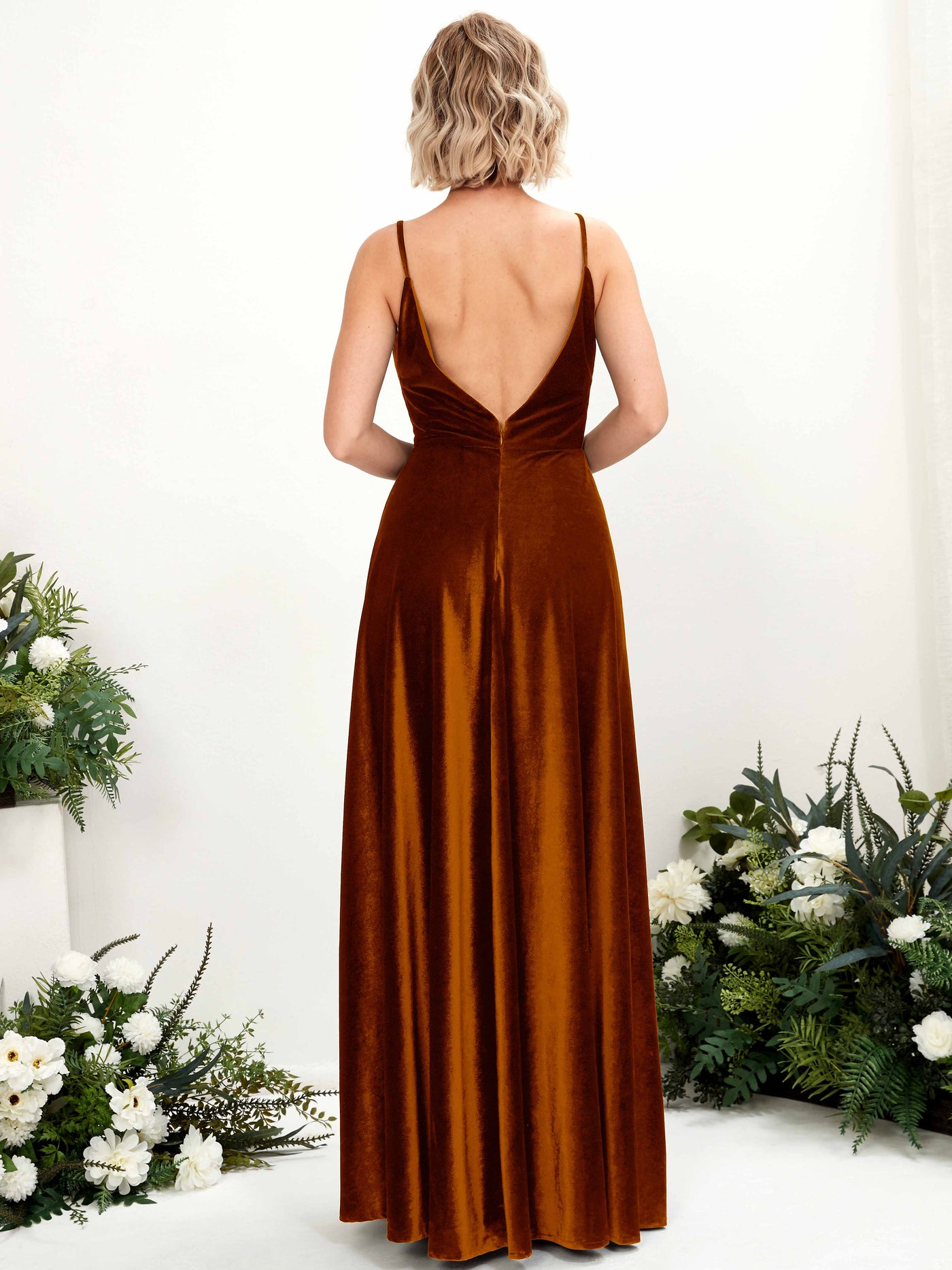 Carlyna Robe trapèze Col V Longueur ras du sol Velours Robes de demoiselle d'honneur Orange Brûlé #couleur_orange-br-l