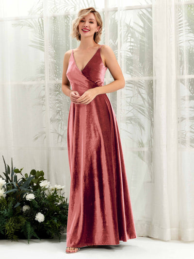 Carlyna Robe trapèze Col V Longueur ras du sol Velours Robes de demoiselle d'honneur Rose Poussiéreux #couleur_rose-poussi-reux