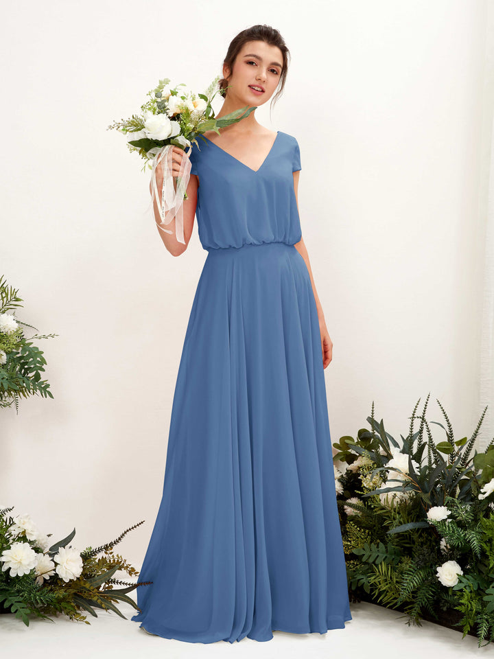 Carlyna Robe trapèze col V mancherons longueur ras du sol demoiselle d&